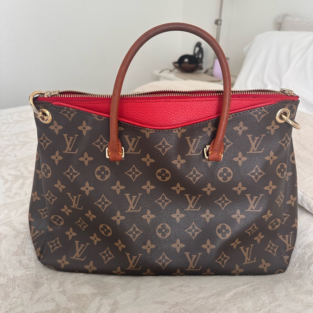 Louis Vuitton Pallas MM Monogram Satchel with Red Trim